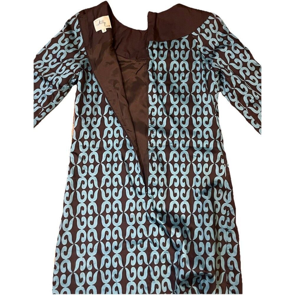 Milly of New York Silk Beaded Collar Shift Mod Dress Size 2 Turquoise Brown - Picture 4 of 7
